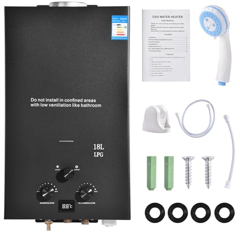 Chauffe-eau au Gaz Propane GPL 18L, Chauffe-eau Instantané Sans Réservoir 36kw avec Kit de Douche, Brûleur de Chaudière pour Camping, Rv, Maison (Noir)