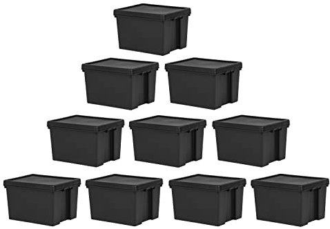 [SET OF 10] - BLACK Bam 45L Litre Heavy Duty 𝟏𝟎𝟎% 𝐑𝐞𝐜𝐲𝐜𝐥𝐞𝐝 Plastic Storage Box with Lid Strong Impact Resistant Stackable and Nestable Containers For Home, Garage, Office - Made In UK