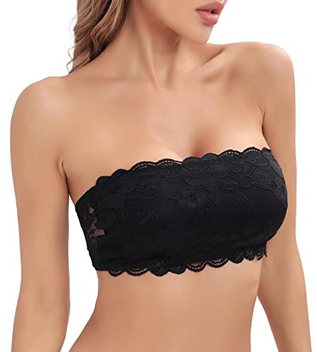 Jiuday Spitze BH ohne Träger Bandeau Trägerlos Gepolstert Trägerloser BH ohne Bügel mit Transparenten Trägern (Schwarz,L)