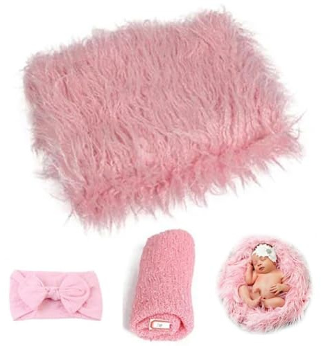 Keuyeo Neugeborenen Fotografie Requisiten 3 Teile/Satz Flauschige Decke Wrap Stirnband Set Bequeme Baby Fotografie Wrap Matte