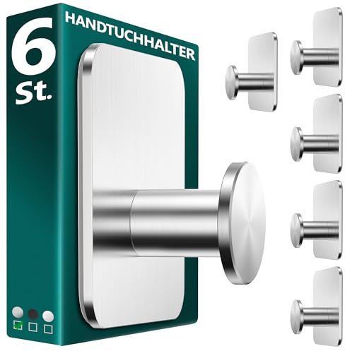 Menz Handtuchhalter ohne Bohren in Silber, 6 Stück – Robuste Badezimmer Handtuchhalter, moderne Klebehaken, Haken fürs Bad, Haken selbstklebend, ideal als funktionale Handtuchhaken