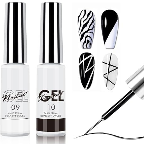 Liner Nail Polish Set, 2Pcs White Black Painted Gel Polish 8ML Nail Art Gel, Soak Off French Tip Manicure for Painting & Drawing UV/LED For Beginner/Nail Artist
