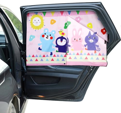 Hianjoo Parasol Coche con protección UV, Magnético de Doble Capa para Ventanas Laterales Cubierta de Sombra de Doble Apertura para Protección contra el Calor/UV, Conejo Rosa