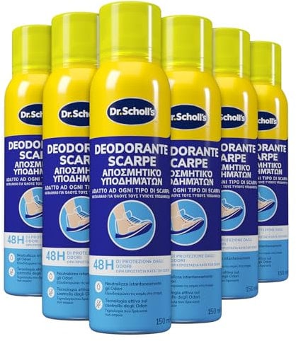 Dr. Scholl's, Deodorante Spray per Scarpe con Tecnologia Attiva sul Controllo degli Odori, Elimina e Protegge dai Cattivi Odori per 48h, Adatto ad Ogni Tipo di Scarpa, 6 Flaconi da 150 ml