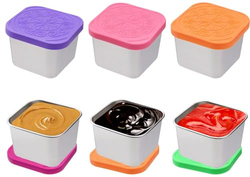 Cumnvulnt 6Pcs Sauce Pots, 2oz Small Stainless Steel snack pots, Mini Salad Dressing Pots with Silicone Lids, Leak-Proof, Sauce Containers for Snack, Dips, Salad, Spices