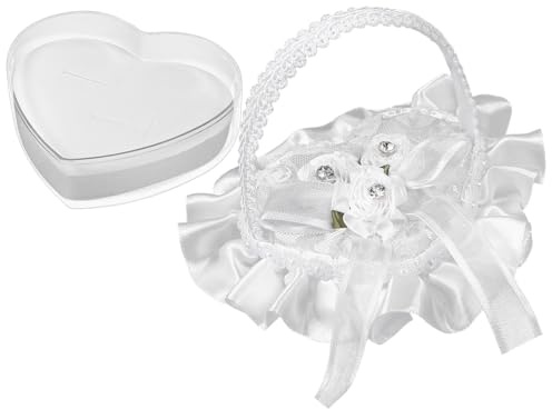 HOMOCONO Trauringkissen in Herzform aus Spitze und Satin Weiß mit Griffdesign Eleganter Eheringhalter für Hochzeit und Trauung