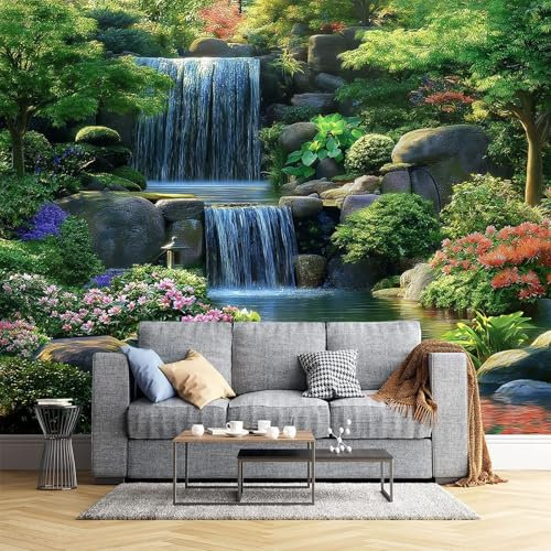 Papel Pintado Cascada Del Estanque Pared 3D Papel Tapiz - Jardín Japonés Murales Tapiz Fotomural para Sala Cuarto Oficina Salón Tv Fondo Pared Dormitorio Decoración