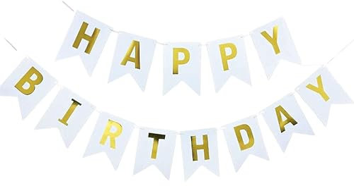 Happy Birthday Banner White with Gold Letters Garland Bunting Party Decoration Adults Childrens Hanging Decorations