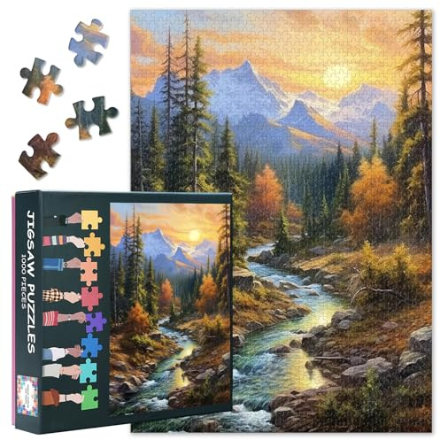 Wald Puzzle 1000 Teile Erwachsene, Berg bei Sonnenuntergang Landschaft | Bäume und Bäche, Lebendige Farben, Herausforderndes Rätsel, Lernspiele und Wohnkultur, Einzigartiges Geschenk, 70 x 50 cm