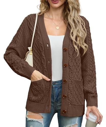 GRECERELLE Womens Cardigans Knit Aran Cable Long Sleeve Button Down Oversized Ladies Jumper Cardigan Knitwear with Pockets for Winter Fall Spring