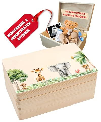 DEschenk Erinnerungsbox Baby - Geschenk zur Geburt, Erinnerungskiste Baby, Baby Erinnerungsbox in verschiedenen Größen (Safari, keine Personalisierung)