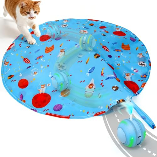 Interactive Cat Toys for Indoor Cats Adult - Silent Automatic Rechargeable Motion Activated Cat Ball with Feather Mouse Tail, Hide & Seek Hunting Game, Self Play Kitten Enrichment Toys (Sky Blue)
