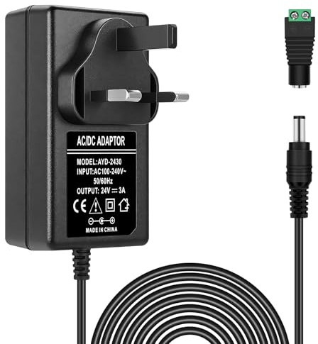 24V 3A 72W Power Supply UK Plug, AC 100–240V to DC 24V LED Driver Power Adapter, Constant Voltage Low Voltage Transformer with 5.5 × 2.1mm DC Jack for LED Strip Light