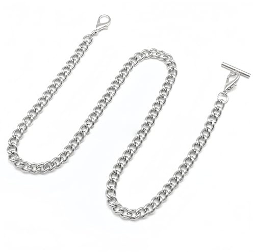 Heyumybit Taschenuhr Kette,Metall Taschenuhrkette mit T Bar(14.6in/37cm),Weste Kette Uhr,Taschenuhrkette für Herren Damen,Uhrenkette Klassisch Taschenuhr Zubehör(Silber)