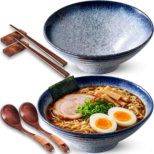 ECLIO Porcelain Ramen Bowl Set of 2-1000ml 34-Oz with Wooden Chopsticks, Spoons & Rests-Japanese Large Ramen Bowl for Noodle Soup Salad Pho Cereal Pasta-Microwave & Dishwasher Safe-Presentable Gift