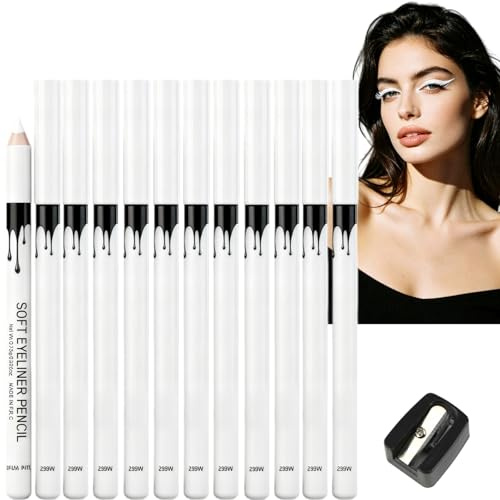 Weißes Eyeliner Set – 12 Stück Weisser Eyelinerstift,Waterproof & gut haftend,Geschmeidig White Eyelinerstift für gleichmäßig Make-up Malerei,Ideal als Eyeliner Weiß & Weiße Augenbrauen, mit Anspitzer