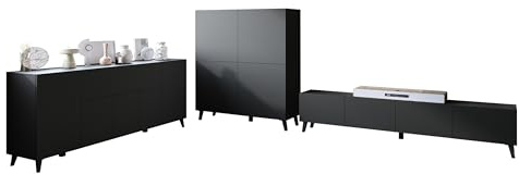Mirjan24 Wohnzimmer-Set Parsea I, 3-teilig mit Kommode, TV-Lowboard und Highboard, Wohnwand mit viel Stauraum, griffloses Design, modernes Wohnzimmermöbel (Schwarzer Graphit)
