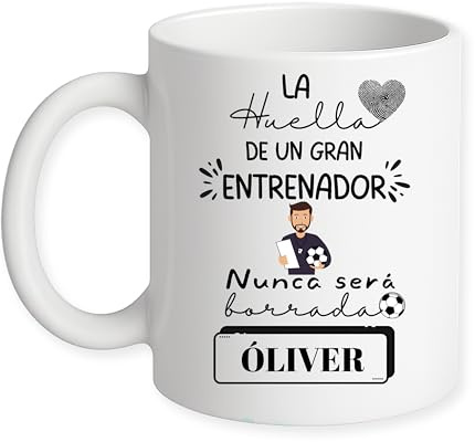 Taza Personalizada con Nombre Entrenador/a Futbol, Blanca, cerámica regalos originales regalo personalizado, 325 ml, Impresión directa sobre la taza, Apta para Lavavajillas. Diseño Huella Fútbol
