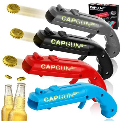 4 Pcs Cap Shooting Gun Bottle Opener, Beer Cap Launcher for World Cup Parties, BBQs & Adult Gatherings, Bars, Unique Fun Gifts Gadget for Men, Unique Gag Gift for Sports Events