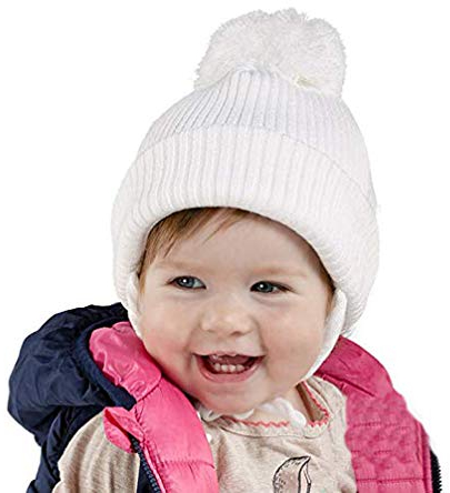 Baby Mütze Winter Babymütze Wintermütze weiß neutral mit Bommel 6640 Gr. 36
