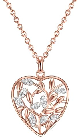 Rafaela Donata Damen Kette 925/- Sterling Silber roségold | rosévergoldet 18 Karat, Ankerkette, Zirkonia, weiß, Herz/Funkelnde Blätter, Karabinerverschluss