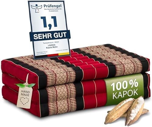 livasia Nachhaltige Matratze aus Kapok - 140x70x8cm - Klappmatratze, Camping Matte faltbar, ökologische Yogamatte klappbar, Liege für Garten und Balkon (Rot/Schwarz)