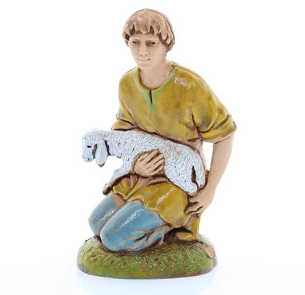 Moranduzzo Kniender Hirte mit Schaf H 6,8 cm für Krippe Maßstab 1:20 – Standard 10 – Unzerbrechliche Figur, Stil '700, Handbemalt, Bildhauer M. Landi