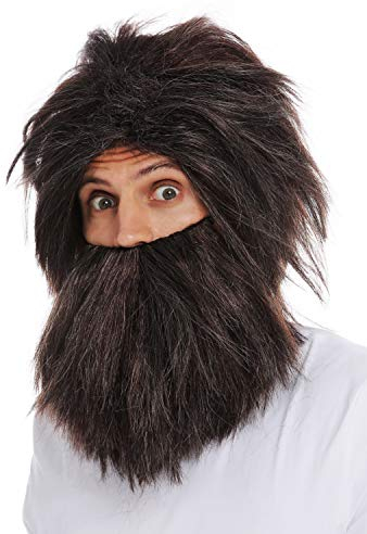 WIG ME UP - 6090A+B-P1-P68A-P30 Perücke Bart Set Herren Karneval Wild Urmensch Neandertaler Braun Mix Grau meliert **Erwachsene**