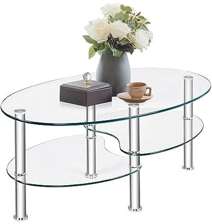 COSTWAY Tavolino da Salotto in Vetro Temperato Moderno, Tavolo Basso e Ovale con Piano Spazioso e 3 Livelli, Ideale per Soggiorno e Ufficio, 89 x 49 x 45 cm (Trasparente)