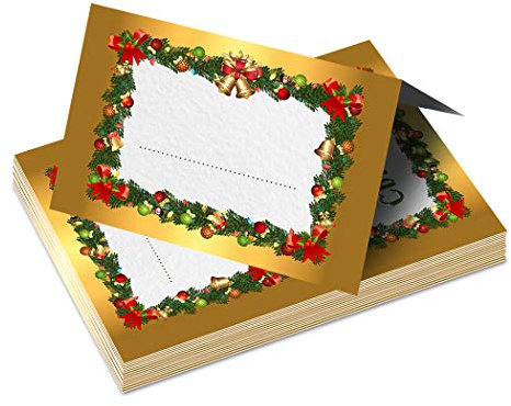 Christmas Place Cards - 16 Name Pack - Xmas Dining Table Decorations - Blank Guest Settings - Decorative Placement Tags - Beautiful Gold Red Party Decor - Lunch Dinner Set up - Eco-Friendly Made in UK