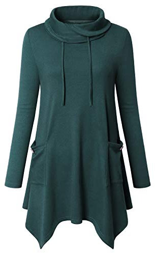 Amrto Tunika Damen Langarm Longpullover Freizeit Oversize Turtleneck Pullover Elegant Bluse Tunika Shirts mit Asymmetrischem Saum Lange Loose Fit mit Taschen, Dunkelgrün L