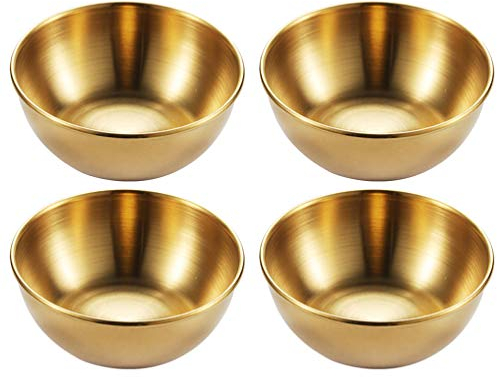 Cabilock 4 Pièces Bols à Sauce en Acier Inoxydable Mini Assaisonnements Plats Apéritif Plateaux de Service Sushi Collation Bol à Tremper Soucoupes Assiettes Dorées