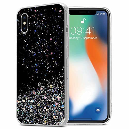 cadorabo Case compatible with Apple iPhone X/XS in Black with Glitter - Protective TPU silicone cover with sparkling glitter - Ultra Slim Back Cover Case