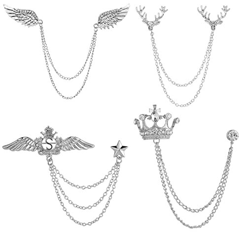 XHBTS 4 Stück Hirschkopf Doppelgliedketten, Strass Metall Feder Revers Pin, Krone mit hängender Kette Brosche Kragen Pins, Adler Kristall Kette Brosche Pin für Krawatte Hut Schal (Silber)