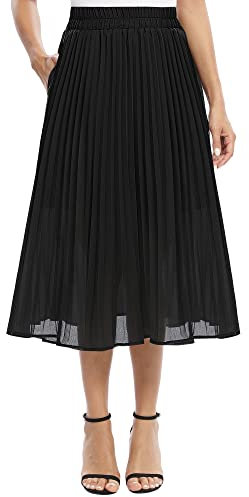 EXCHIC Damen Fließender Chiffon Elastisch Taille Midi Rock Freizeit A-Linie Knielange Falten Rock mit Tasche (M, Schwarz)