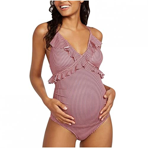 Maillot de Bain Une Pièce Maternité Femme Élégant Ébouriffer col en V Bikinis Rayé Tenue de Plage Femme 1 pièce Grossesse Enceintes Maillot de Bain pour Femmes de Plage