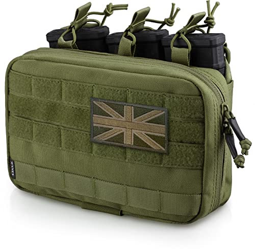 WYNEX Tactical Mag Admin Pouch, Molle Utility Tool Pouch Medical EMT Organizer with Triple Stacker Magazine Holder for M4 M16 Patch Included Army Green
