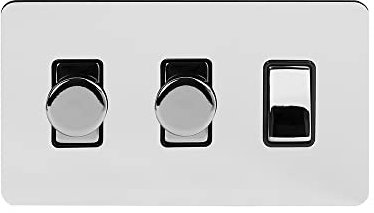 The Soho Lighting Company Polished Chrome Flat Plate 3 Gang Light Switch with 2 Dimmers (1x2 Way with 2x Trailing Edge Dimmer)