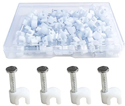 Round Cable Clips 100 Pack 4mm Wire Clips with Hardened Bold Steel Nail Pin for Electrical Wire CCTV Coax Cable RJ45 Ethernet Network Patch Management Wood Concrete Wall Outdoor Indoor (White)