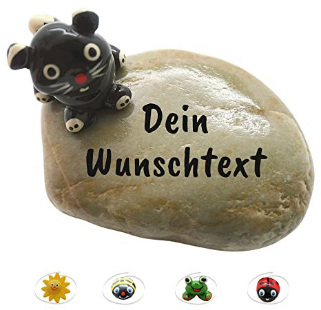 ANDYS STEINWELT - Glücksstein mit Katze und schwarzer Schrift personalisierbar - Handbemalt mit Wunschtext | Glücksbringer aus Naturstein ca. 8-10 cm | Handschmeichler Stein Gute Besserung Geschenk