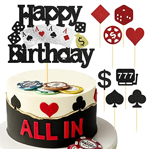 9pcs Casino Happy Birthday Cake Toppers Black Red Glitter Casino Poker Game Chips Cupcake Toppers for Las Vegas Casino Theme Birthday Party Cake Decorations