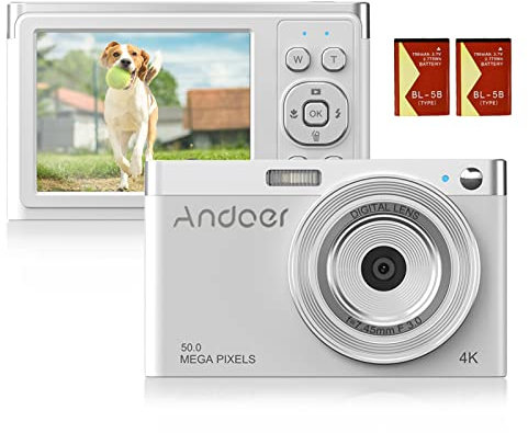 Andoer Digitalkamera, 4K 50 MP Kompaktkamera, 2,88 '' Fotokamera Autofokus 16X Digitalzoom, integrierter Blitz mit 2 Batterien, Tragetasche, Handschlaufe für Erwachsene/Senioren/Kinder (Weiß)