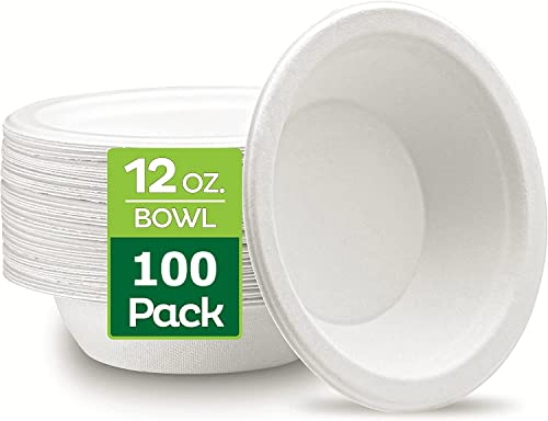 LATERN 100 Piezas Tazones de Papel Desechables, 360ml Blanco Cuencos Rígidos de Bagazo 100% Biodegradables Compostables Cuencos de Caña de Azúcar para Restaurantes de Uso Diario Fiesta (13,5cm x 4cm)