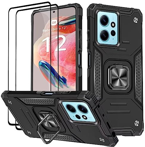 KANSi Coque pour Xiaomi Redmi Note 12 4G (6.67), Verre Trempé [2 Pièces] + Housse TPU Silicone Rotation 360° Aimant Anneau Support Double Défense Protection Etui - Noir