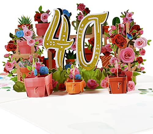 3D Pop-Up Karte 40. Geburtstag oder 40. Hochzeitstag (Rubinhochzeit) – Elegante Rosenkarte für Jubiläum, Hochzeitsfeier, Geburtstagsfeier, für Eltern, Großeltern, Partner, Freunde- Blumenkarte