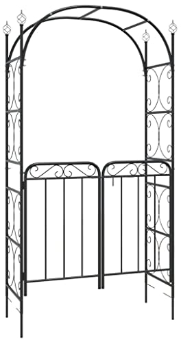 vidaXL Arco de jardín con puerta, arco, arco, césped, patio, boda, soporte de crecimiento, enrejado de metal, resistente a la intemperie, negro, 108 x 45 x 235 cm, acero