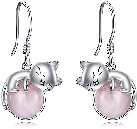 Vadmans Orecchini a Forma di Gatto in Argento 925 Orecchini a Penzoloni in Quarzo Rosa Regalo per le Donne