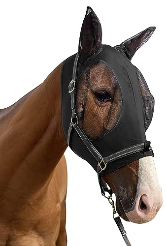 Fliegenmaske Pferde, Fliegenhaube Pferde, Pferde Fliegenmaske mit Ohren UV-Schutz Elastizität Pferde Fliegenmaske,Super Fit Pferdefliegenmaske schwarz(L)