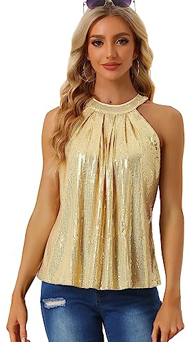 Allegra K Damen Ärmellos Party Club Glitzer Weste Camisole Pailletten Neckholder Tank Top Gold L