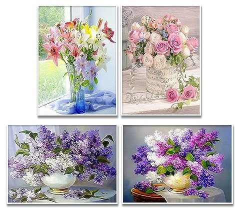 DCIDBEI Lot de 4 Diamond Painting Fleurs 30x40cm Diamond Painting Fleur de Lys Bouquet de Rose Broderie Diamant Bouquet de Rose Diamant Art Fleur Pourpre Diamond Painting Lilas Paysage Violet
